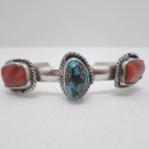 Vintage Navajo sterling Silver Cuff Bracelet with Turquoise and red coral Stones