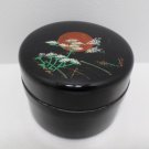 Vintage Hand Painted Powder Box Round Black Lacquer Made in Japan
