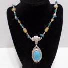 Necklace Silver Tone Metal with Blue Turquoise Color Gemstone Cabochon