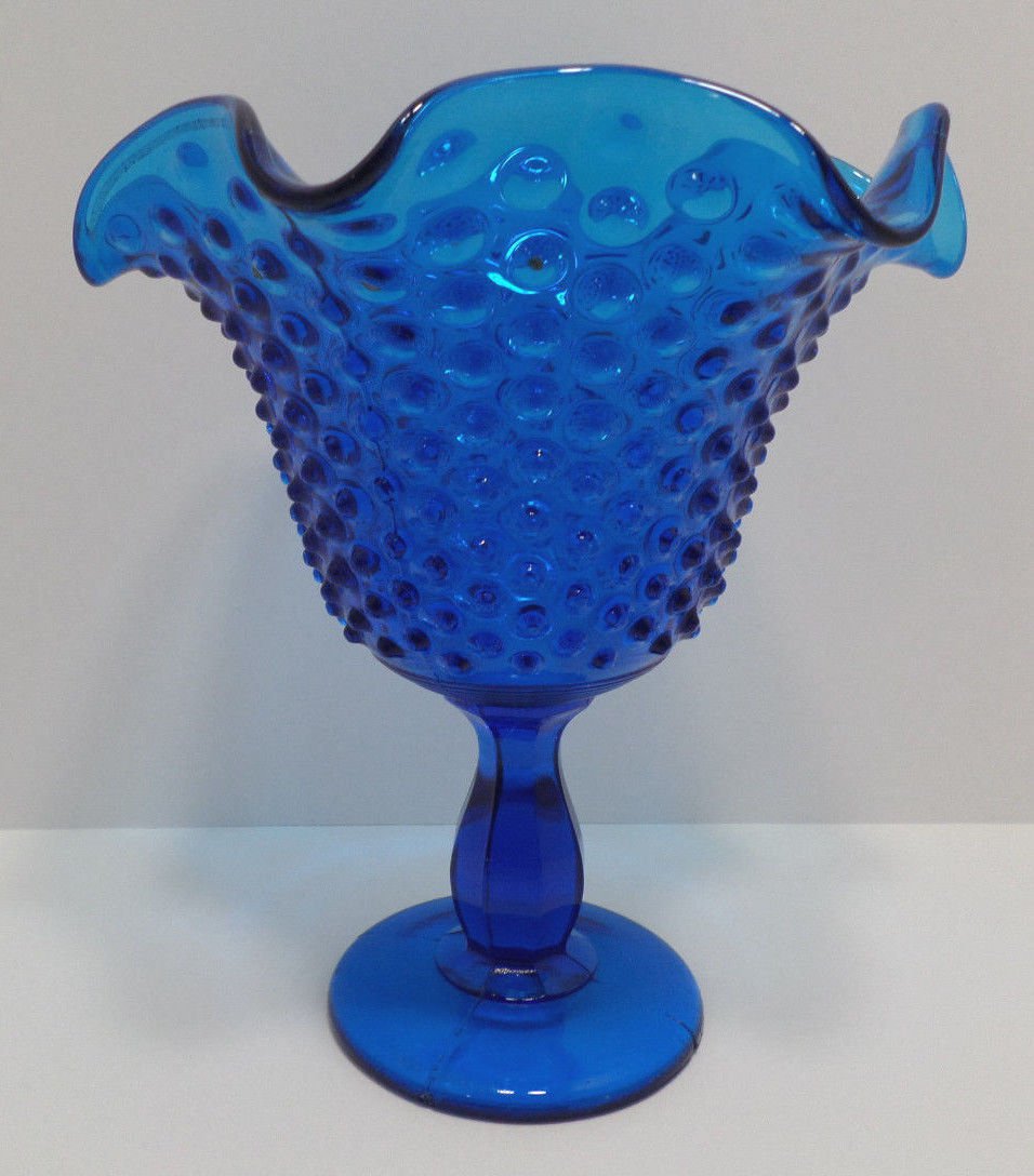 Fenton Candy Dish Colonial Blue Glass Hobnail Pedestal Ruffled Edge Vintage