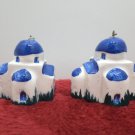 Two Mission Church Figurines Ceramic Blue and White Collectibles