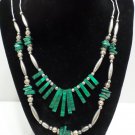 Vintage Necklace Silver Plated and Malachite Beads 2 Strands Tribal
