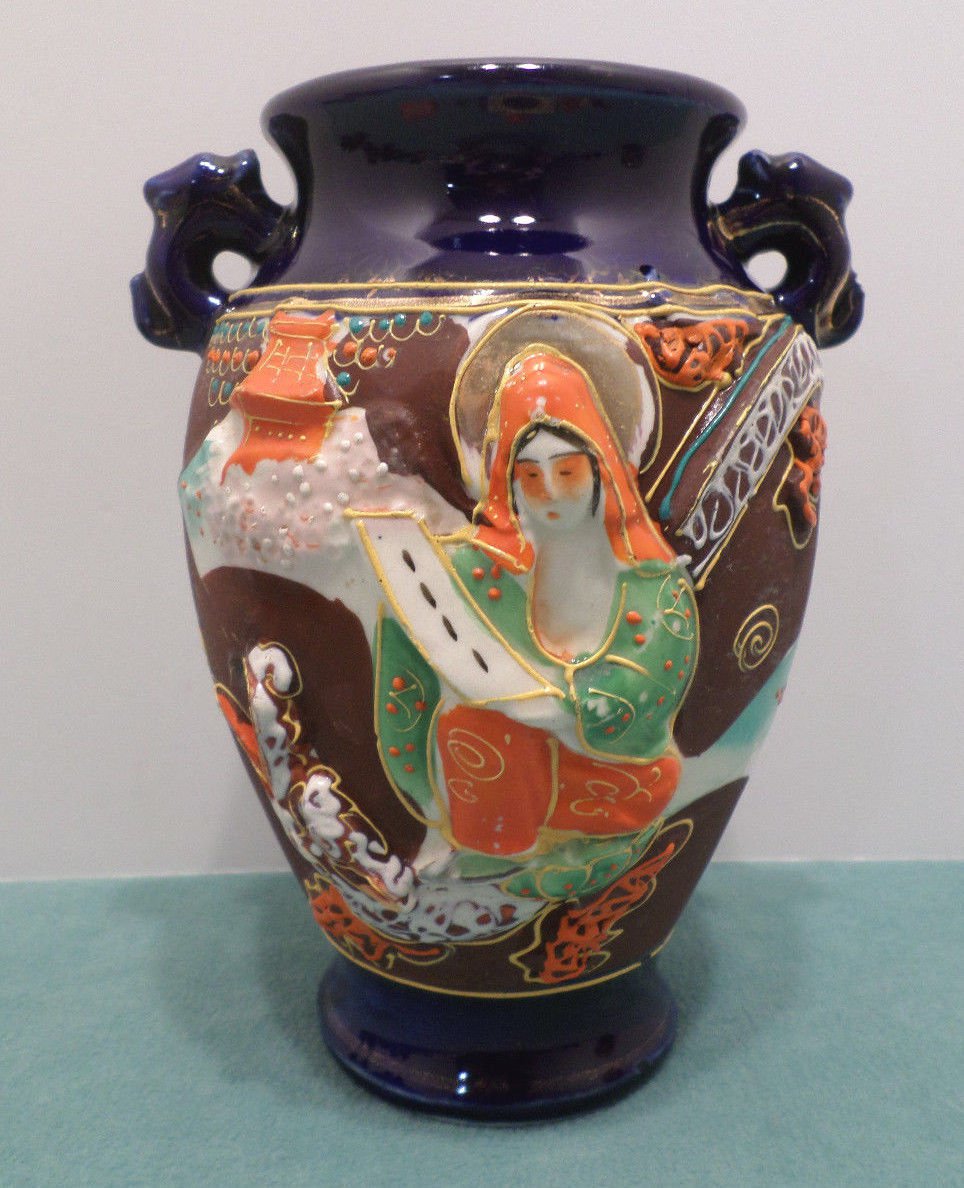 Flower Vase Satsuma Moriage Cobalt Blue Made in Japan