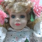 Porcelain Doll by The Brass Key Company Curly Blonde Hair with Pink Flowers