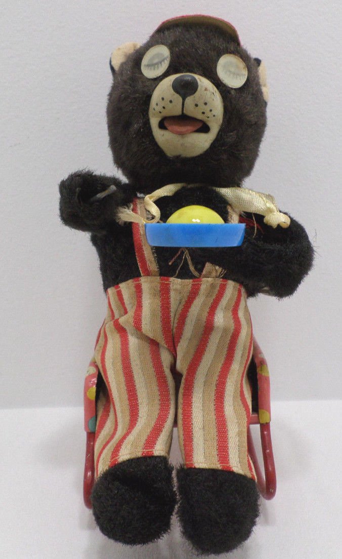 Vintage Wind Up Toy Bear sitting in Metal Rocking Chair Mechanical Made