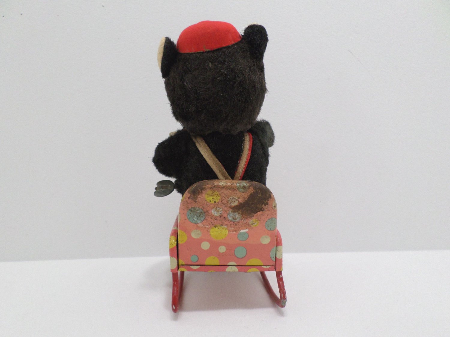 Vintage Wind Up Toy Bear sitting in Metal Rocking Chair Mechanical Made