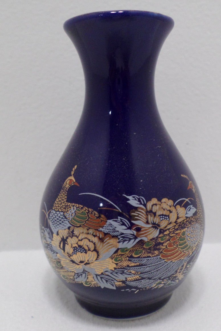 Japanese Style Vase Cobalt Blue Porcelain with Peacocks Design