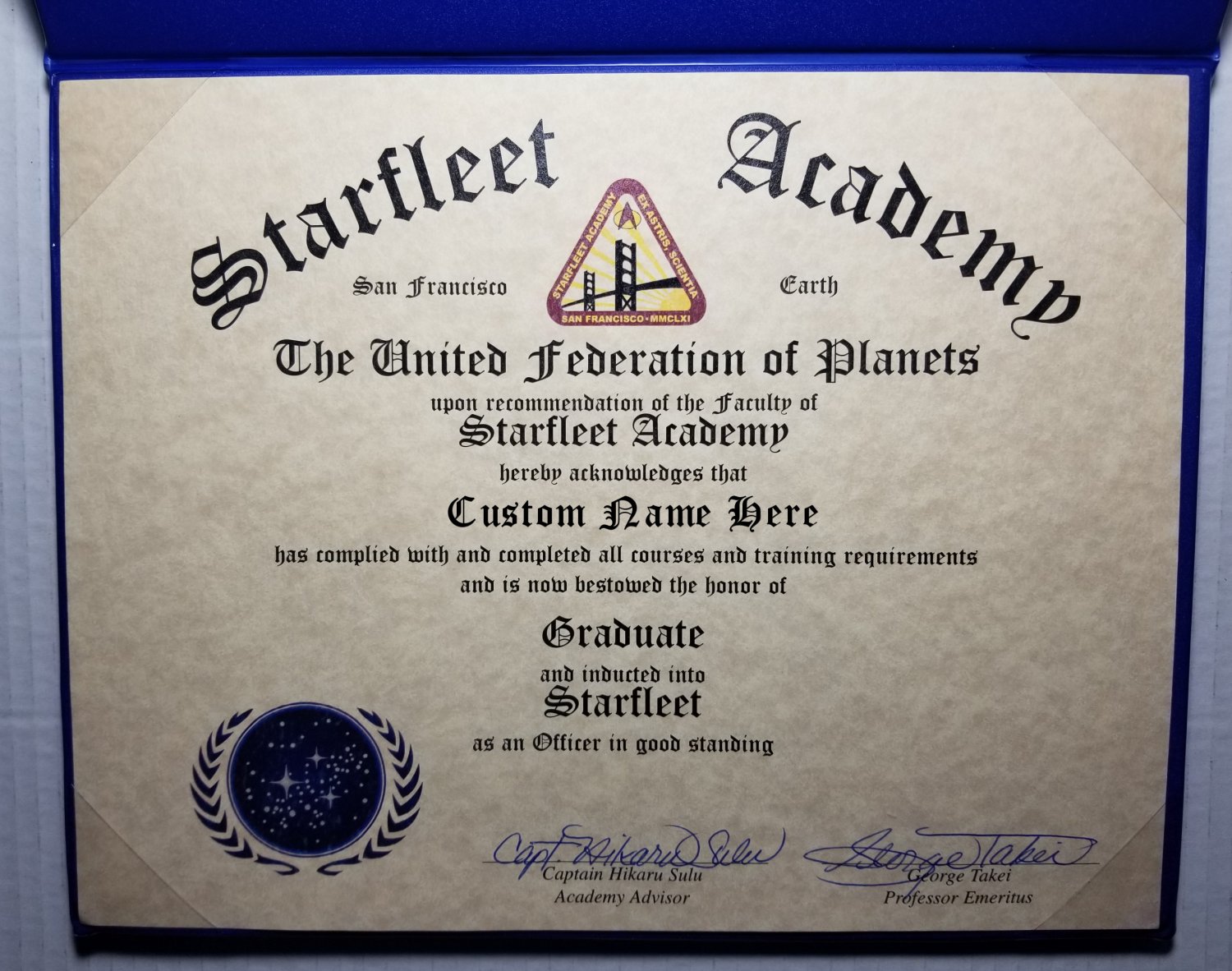 Personalized Deluxe Starfleet Academy Diploma Signed by Captain Hikaru