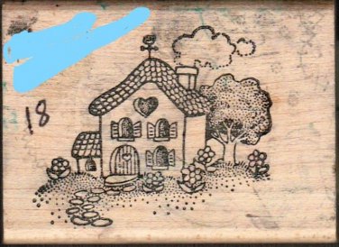 Heart Cottage House Rubber Stamp Wood Mounted Pre Owned