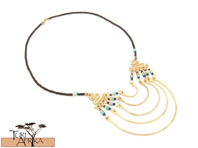 Product ID: 8 Brass Necklace W Blue and Gold Beads
