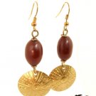 Product ID: 11     Small Brass Disk W/ Red Oval Kenyan  Amber Earrings