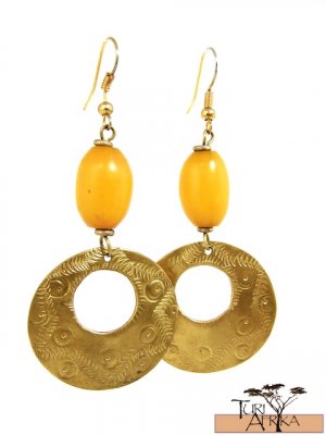 Product ID: 20     Brass Disk W/ Hole Earrings W/ Yellow Kenyan Amber
