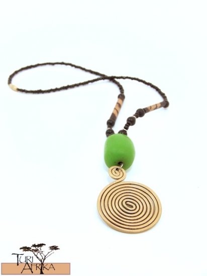Product ID: 44 Large Brass Swirl Necklace, Light Green Kenyan Amber, Painted Wood Beads