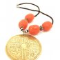 Product ID: 60 Large Brass Disk Necklace , Large Orange Kenyan Amber, Black, White & Metal Beads