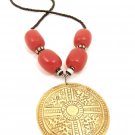Product ID: 61 Large Brass Disk Necklace , Large Red Kenyan Amber, Black, White & Metal Beads