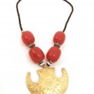 Product ID: 64 Large Brass Shield Necklace, Large Red Kenyan Amber, Black, White & Metal Beads