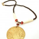 Product ID: 65     Medium Brass Disk Necklace , White Bone, Red Glass, and Black Beads