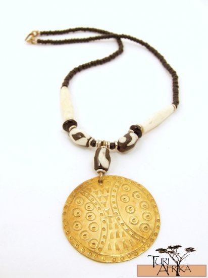 Product ID: 71 Medium Brass Disk Necklace , White and Painted Bone, and Black beads