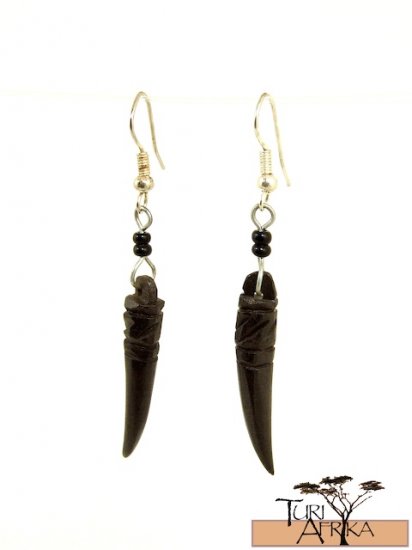 Product ID: 109 Carved Brown/Black Bone Earrings Pointed W/ Black Beads