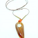 Product ID: 111     Cow Horn Medallion Necklace  W/ Red/Orange Amber and Painted Wood Beads