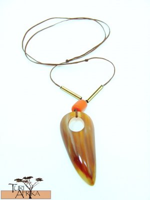Product ID: 111     Cow Horn Medallion Necklace  W/ Red/Orange Amber and Painted Wood Beads
