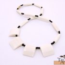 Product ID: 114     White Square Bone Necklace  w White Long Bone beads w/ Black Beads