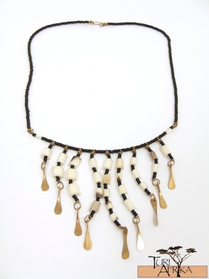 Product ID: 117 Porcupine Quill Bead Necklace , W/ Brass Hanging and Black Beads