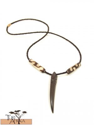 Product ID: 118     Carved Brown/Black Bone Necklace  Pointed w/ Painted Bone and Black Beads