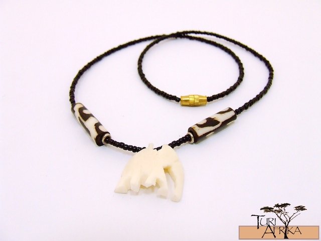 Product ID: 119 Carved White Bone Necklace Elephants W painted bone Beads and Black beads