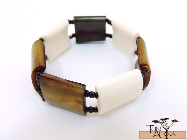 Product ID: 126 Brown and White Square Bone Braccelet W/ Black beads