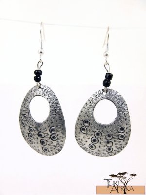 Product ID: 134     Etched Medium Aluminum Egg Shape Earrings  W Hole W 2 Black Beads