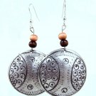 Product ID: 138     Etched Medium Aluminum Disk Earrings  W 1 Med and 1 Dark Wooden Beads