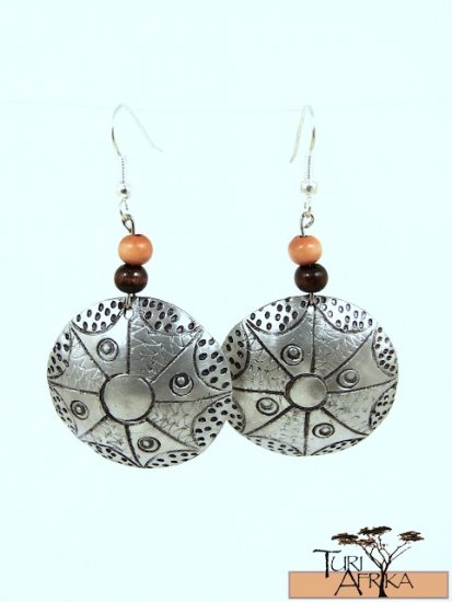 Product ID: 140 Etched Medium Aluminum Disk Earrings W 1 Med and 1 Dark Wooden Beads