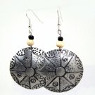 Product ID: 146     Etched Medium Aluminum Disk Earrings  W 1 Light Wooden and 1 Black Bead