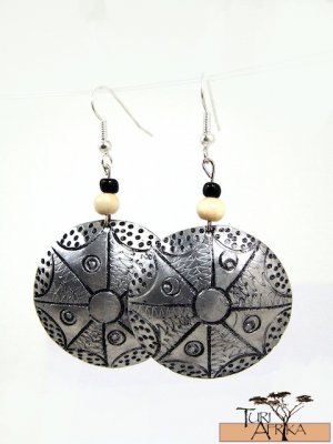 Product ID: 146     Etched Medium Aluminum Disk Earrings  W 1 Light Wooden and 1 Black Bead