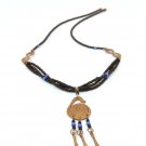 Product ID: 173     Small Brass Swirl Necklace W/ Brass hanging and Blue and Black Beads