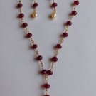 Artisan Lavaliere Ruby Pearl Necklace Drop Earrings Set Hand Made