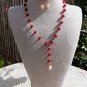 Artisan Lavaliere Ruby Pearl Necklace Drop Earrings Set Hand Made