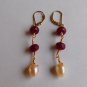 Artisan Lavaliere Ruby Pearl Necklace Drop Earrings Set Hand Made