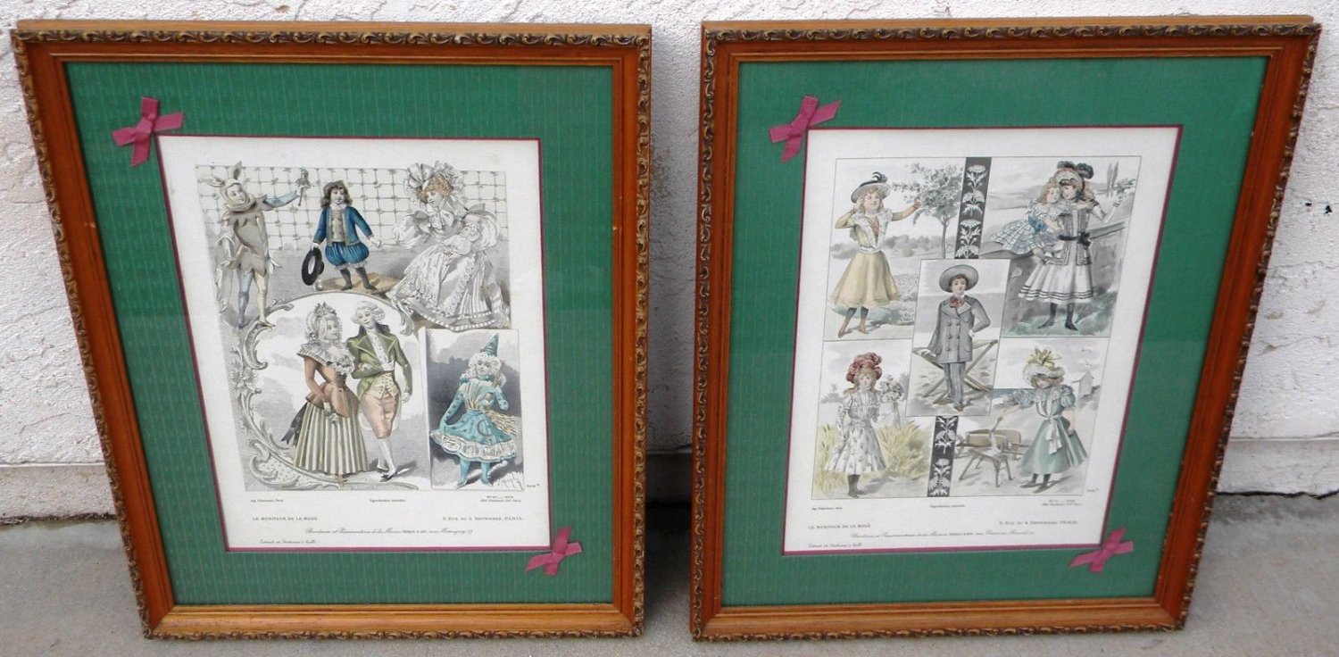 Pair 1899 LE MONITEUR DE LA MODE Paris Children Fashion Etching Print Framed