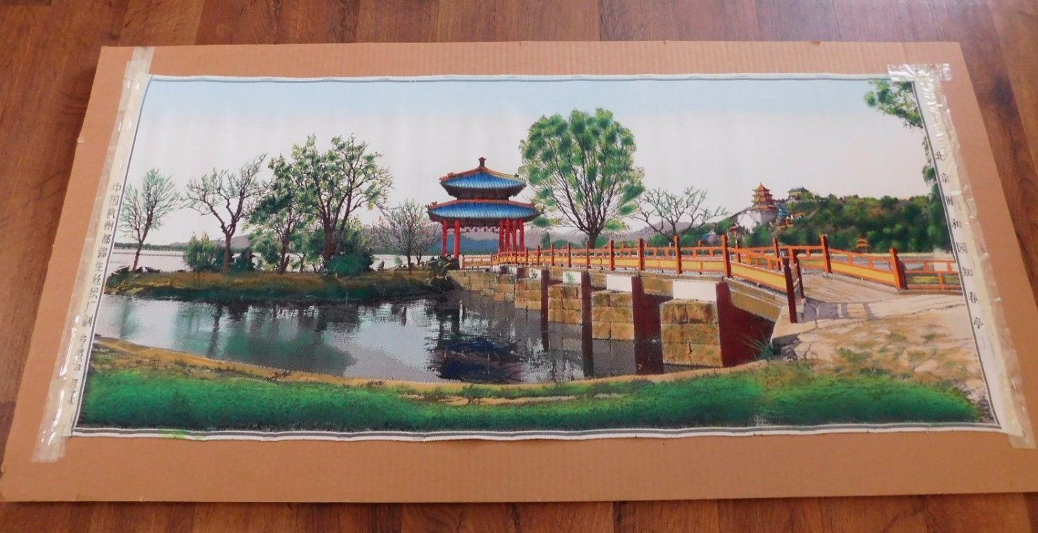 Vintage Large Tapestry Framed Asian Chinese Hand Colored Silk Print Landscape