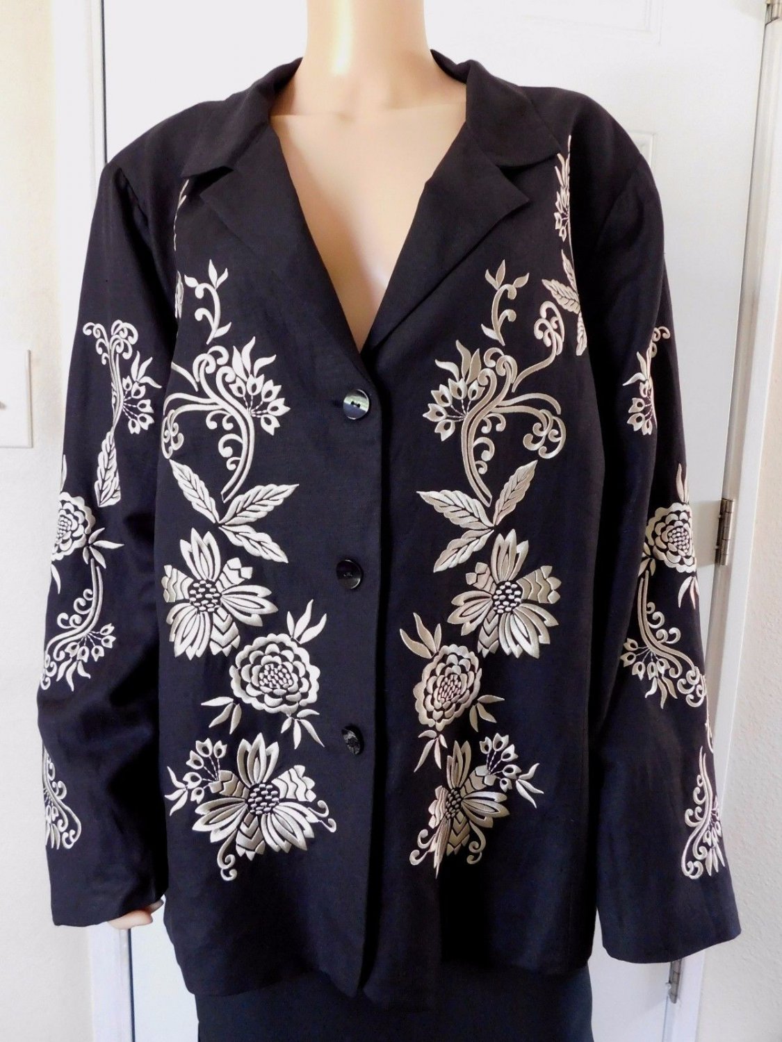 VICTOR COSTA Jacket New Embroidered Black Linen Blazer sz 3X New