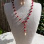 Artisan Lavaliere Ruby Pearl Necklace Drop Earrings Set HandMade