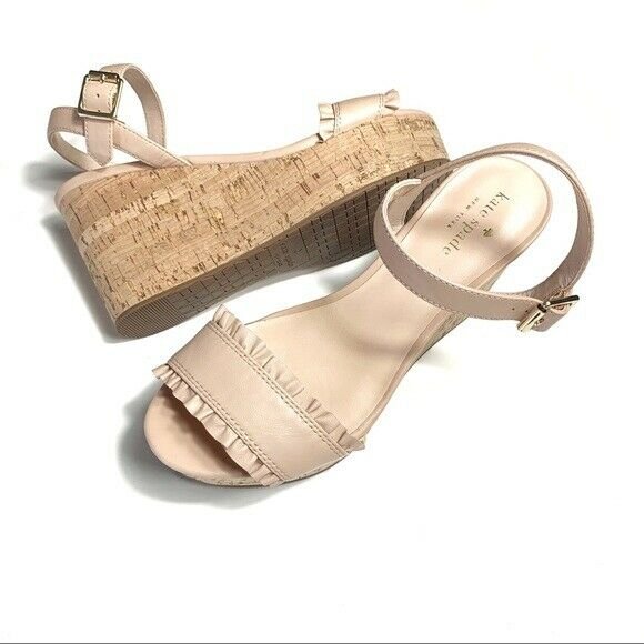 Kate Spade Tomas Nude Blush Beige Leather Wedge Sandals 9.5 NEW