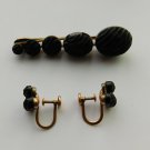 Antique Victorian Carved Black Jet Brooch Earrings Gold Filled