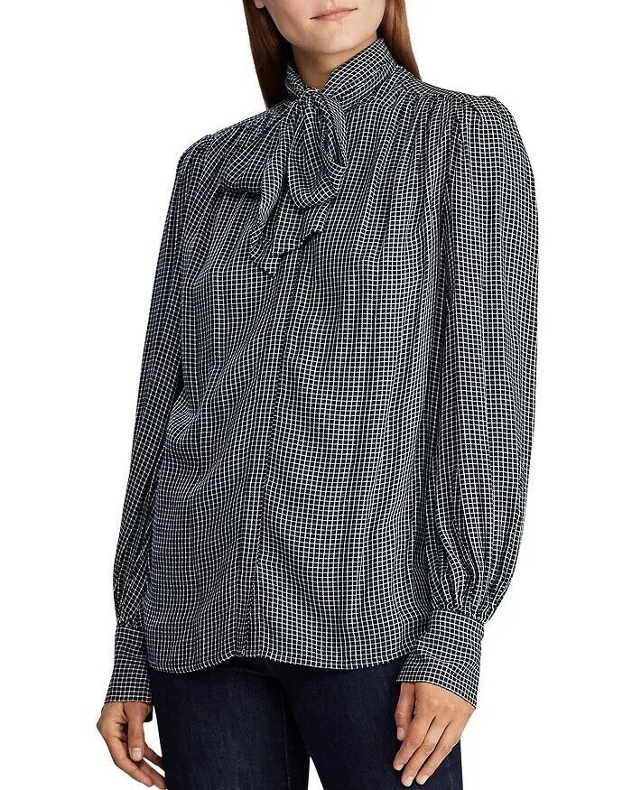 Ralph Lauren Checked Bow Detail Shirt Navy White L New