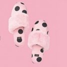 Victoria's Secret Satin Slippers Pink Black Polka Dot Faux Fur 9 M New