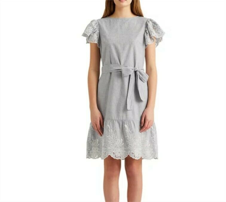 Ralph Lauren Eyelet Cotton Flutter-Sleeve Dress Gray White sz 8 New