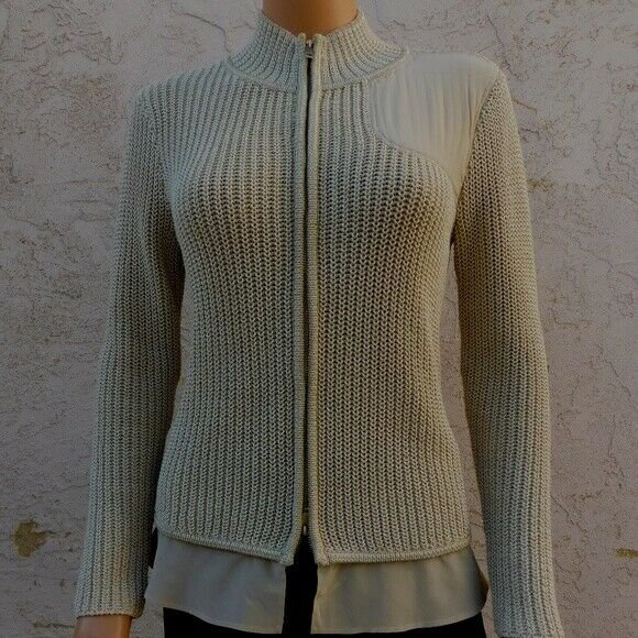 ST.JOHN Beige Wool Silk Metallic Cardigan Sweater S P