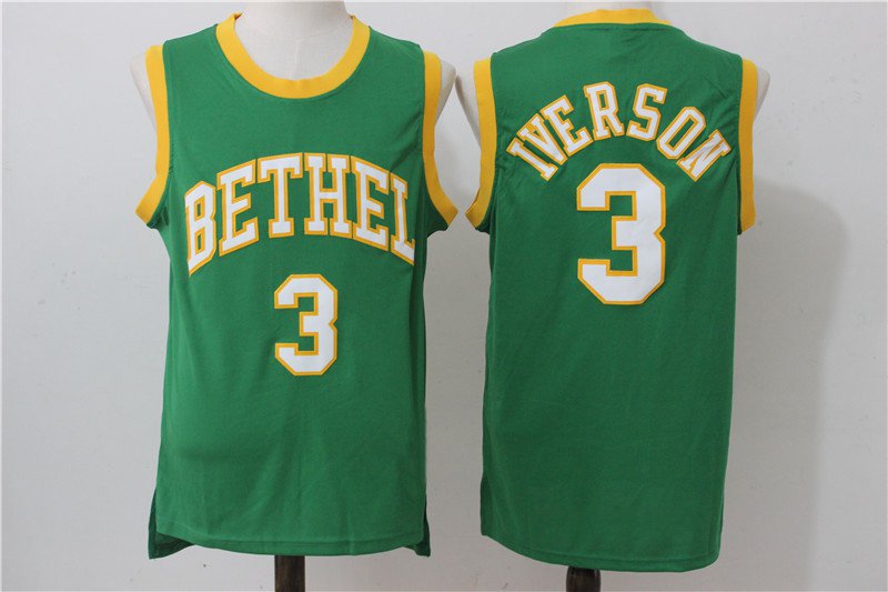 MENS Allen Iverson #3 Bethel High School Green Swingman Basketball Sewn ...